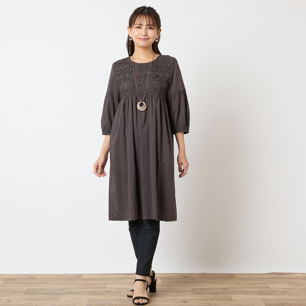モユル チュニック 刺繍 スモッキング ギャザー チュニック