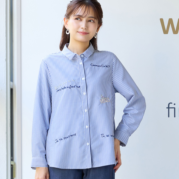 洗える】レタリング刺繍ストライプシャツ | レディースファッション