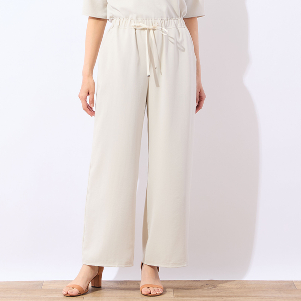 新品　mister it. ワイドパンツ ホワイト　フレアパンツ　リボン　日本製 接触冷感・洗える・セットアップ可】ウエストリボンワイドパンツ