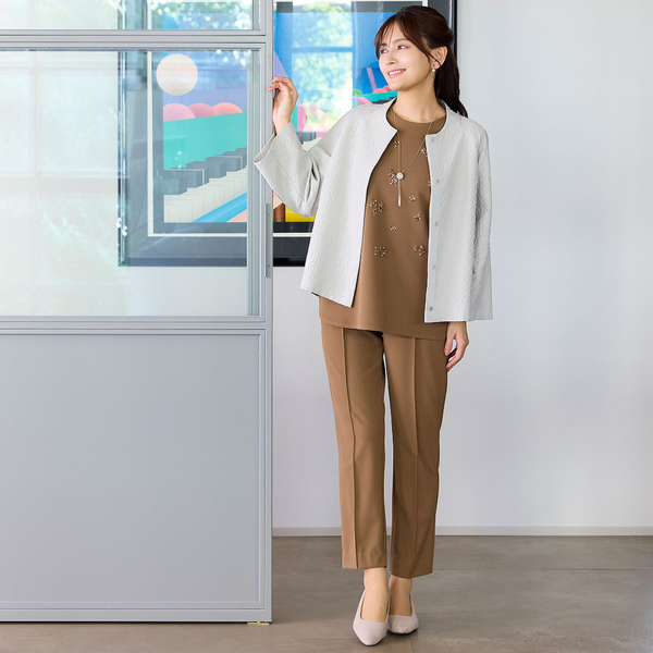 on ジップフーデイアンドパンツ　セット 洗える・セットアップ可・S～LLサイズ】フロントピンタックテーパード