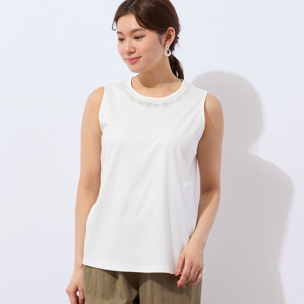 洗える・日本製・綿100%】襟ぐり刺繍コットンタンクトップ