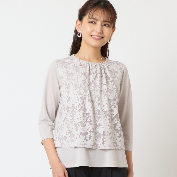 【洗える・アンサンブル可・日本製】花柄レイヤード風カットソー 洗える・アンサンブル可・日本製】花柄レイヤード風カットソー