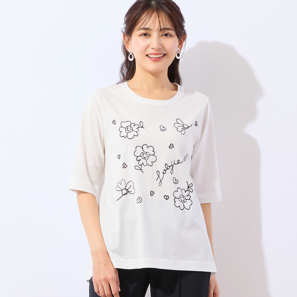 洗える・綿100%】花刺繍AラインTシャツ | レディースファッション