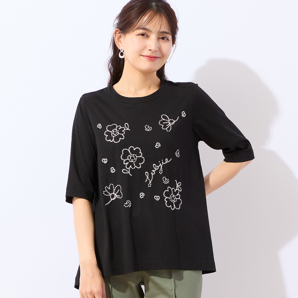 洗える・綿100%】花刺繍AラインTシャツ | レディースファッション