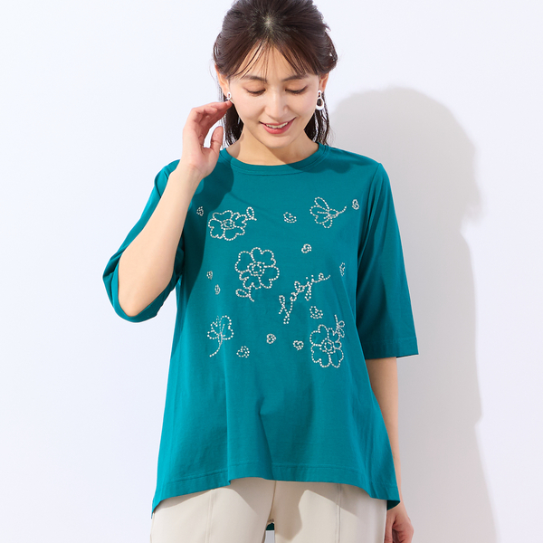 洗える・綿100%】花刺繍AラインTシャツ | レディースファッション