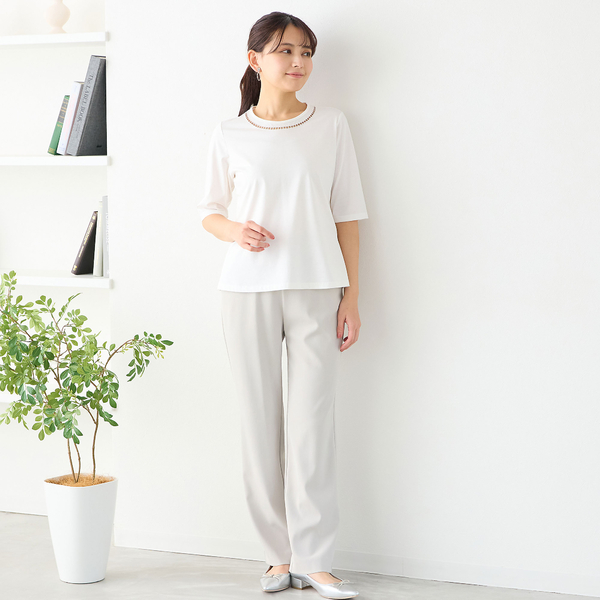 洗える・綿100%・日本製】ハシゴ刺繍コットンTシャツ | レディース