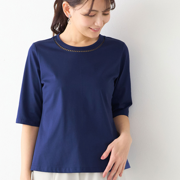 洗える・綿100%・日本製】ハシゴ刺繍コットンTシャツ | レディース