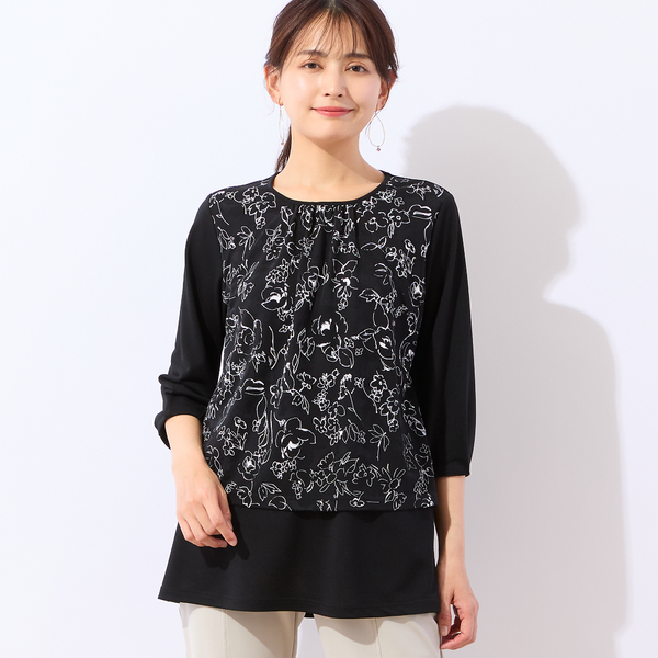 洗える・日本製・アンサンブル可】フロントシアーフラワーカットソー