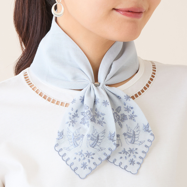 アンティーク フランス シルク&コットン 二層付け襟 スカラップスタイ 青糸刺繍 マグネットつき】スカラップ刺繍コットンスカーフ | レディース