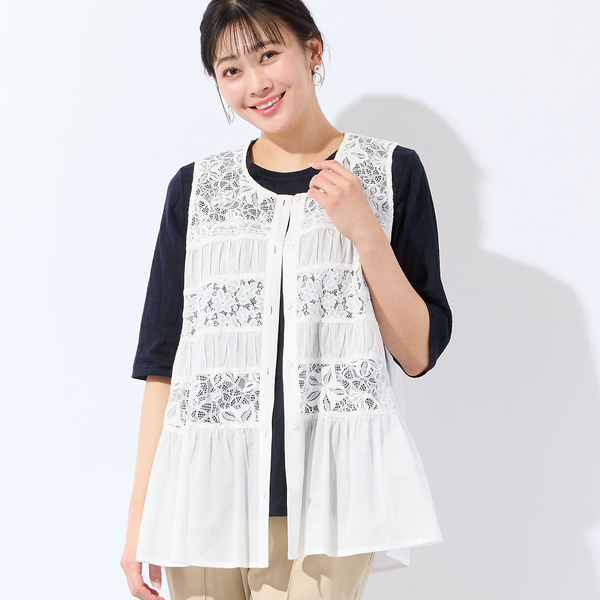洗える・L～4Lサイズ】レースミックスジレ | レディースファッション
