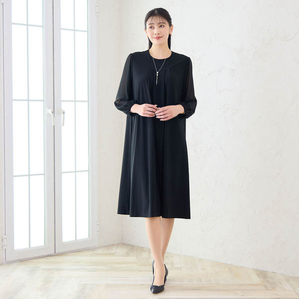 洗える・3L/4Lサイズあり】漆黒 袖シフォンワンピース | レディース