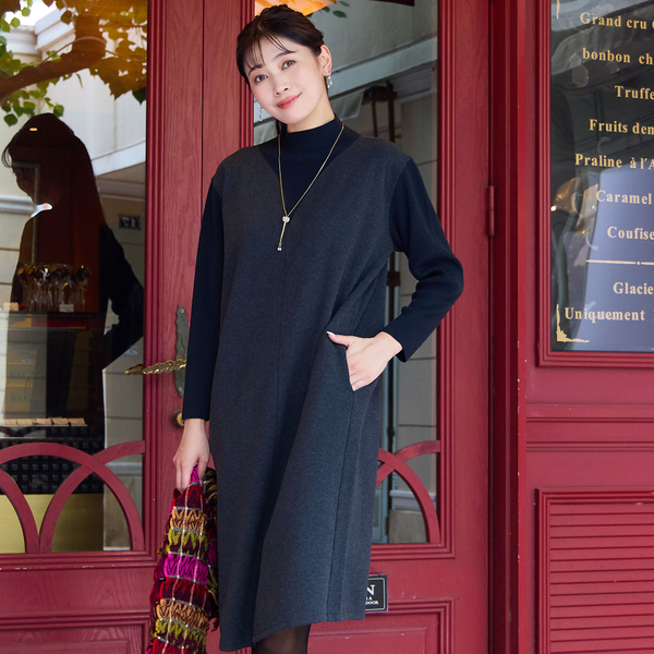 3L/4Lサイズあり】綿混ジャージー レイヤード風ワンピース