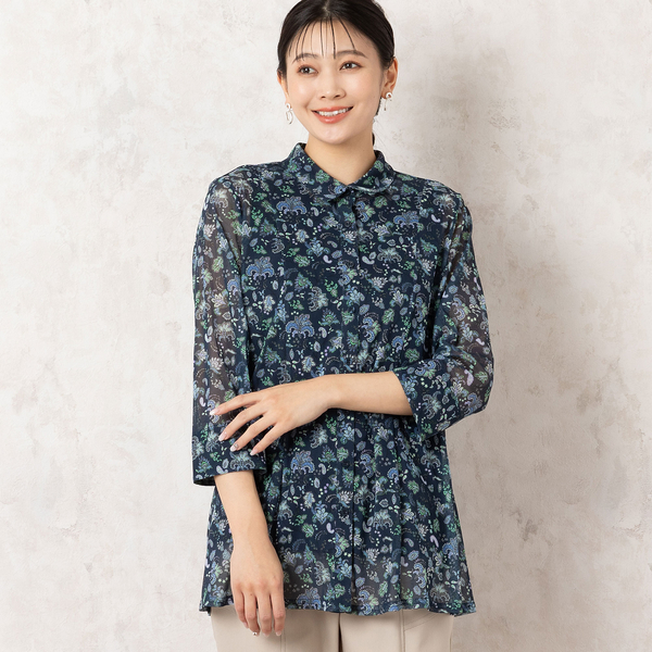 【人気アイテム・洗える・アンサンブル可能】花更紗柄チュールシャツ 人気アイテム・洗える・アンサンブル可能】花更紗柄チュール
