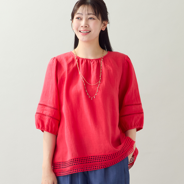 新品 マンシング 薄手-3℃差 長袖シャツ 3Ｌ　送料込み　赤系 洗える・3Lサイズあり】裾レース付きリネンブラウス | レディース