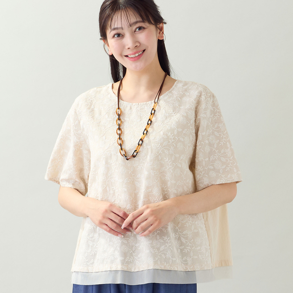 洗える・日本製・L～3Lサイズ】綿麻刺繍入りブラウス | レディース