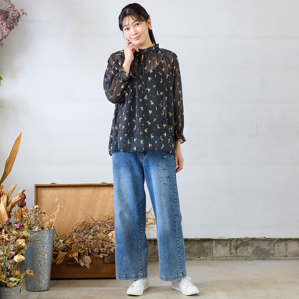 洗える・M～3Lサイズ】ビジューモチーフ付きデニムパンツ | レディース