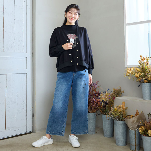 洗える・M～3Lサイズ】ビジューモチーフ付きデニムパンツ | レディース