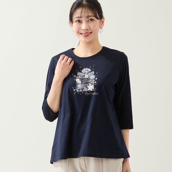 洗える・綿100%・日本製・L～4Lサイズ】香水瓶刺繍カットソー