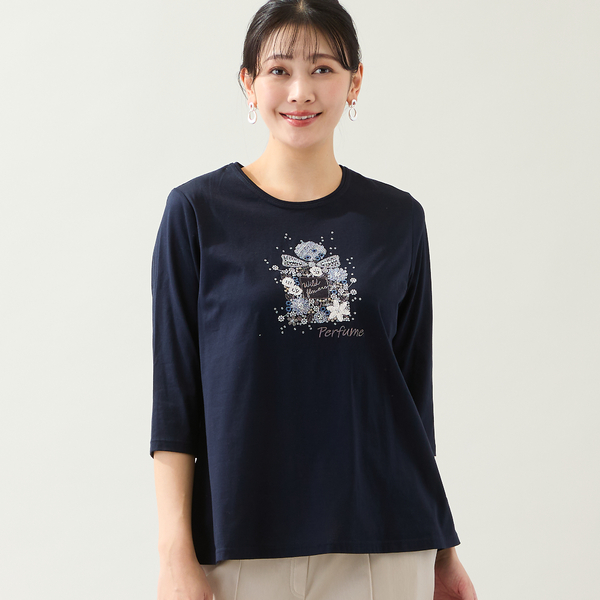 洗える・綿100%・日本製・L～4Lサイズ】香水瓶刺繍カットソー