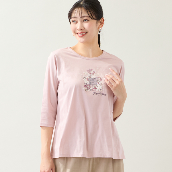 洗える・綿100%・日本製・L～4Lサイズ】香水瓶刺繍カットソー