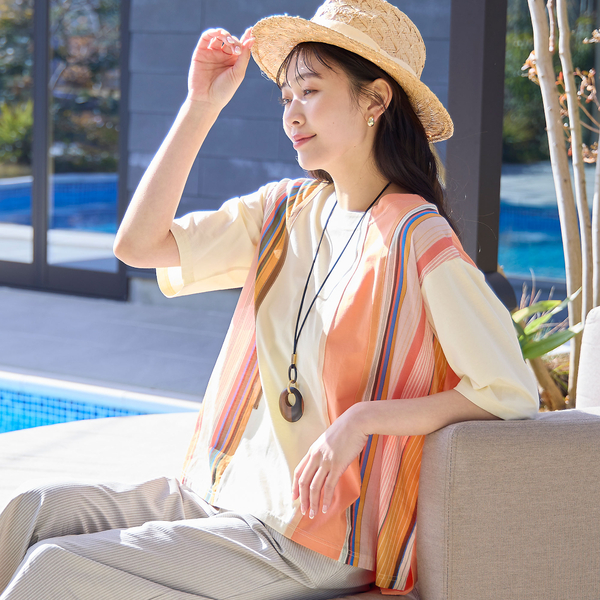 【洗える・綿100】マルチストライプ ドッキングTシャツ 洗える・綿100%】マルチストライプ ドッキングTシャツ