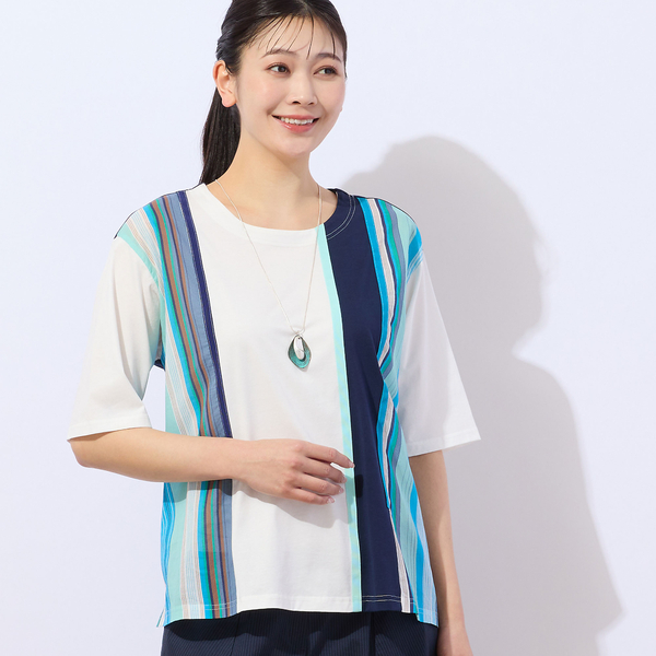 【洗える・綿100】マルチストライプ ドッキングTシャツ 洗える・綿100%】マルチストライプ ドッキングTシャツ