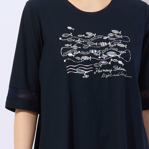 【洗える・日本製・綿100】fish刺繍 フレアカットソー 洗える・日本製・綿100%】fish刺繍 フレアカットソー