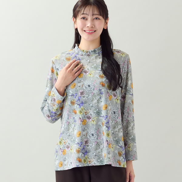 洗える・L～3Lサイズ】シャーリング襟花柄カットソー | レディース