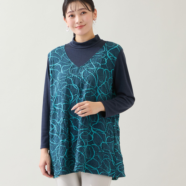 洗える・日本製・3L/4Lサイズあり】リボン柄ジャカードカットソー