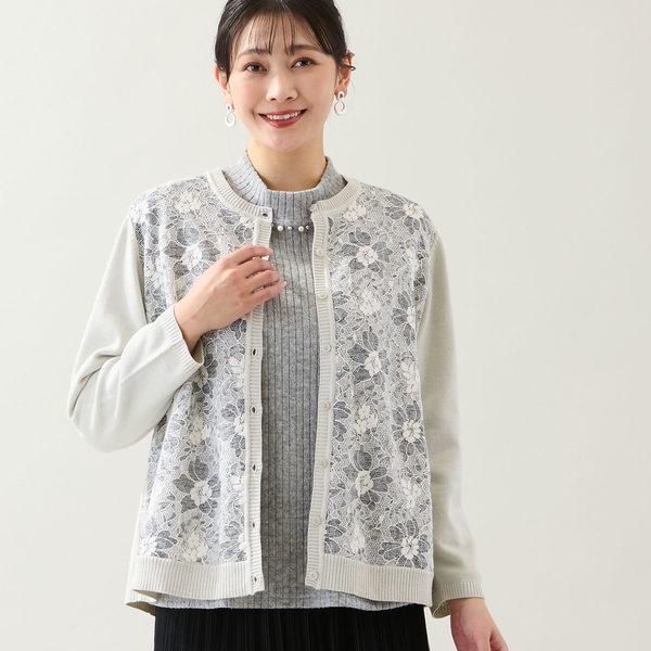 アンサンブル可・3L/4Lサイズあり】フロントレースカーディガン