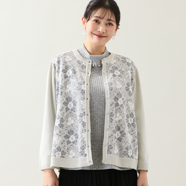 アンサンブル可・3L/4Lサイズあり】フロントレースカーディガン