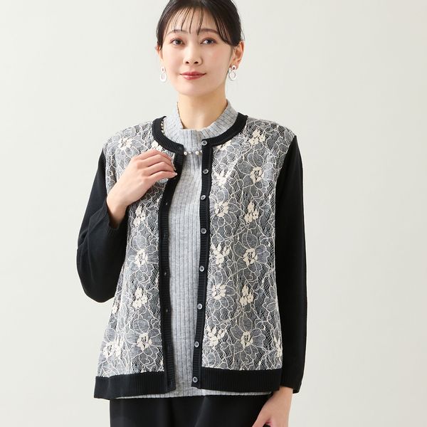 アンサンブル可・3L/4Lサイズあり】フロントレースカーディガン