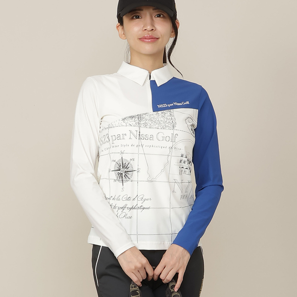 Women's／透湿性／防シワ性】地図プリントジャージーシャツ
