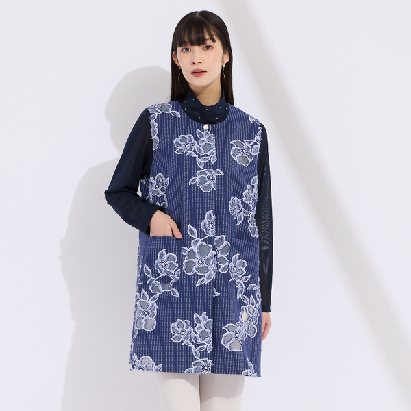 慈雨 変形 ロングジレ ベスト チュニック ジャガード織 ブルー系 L