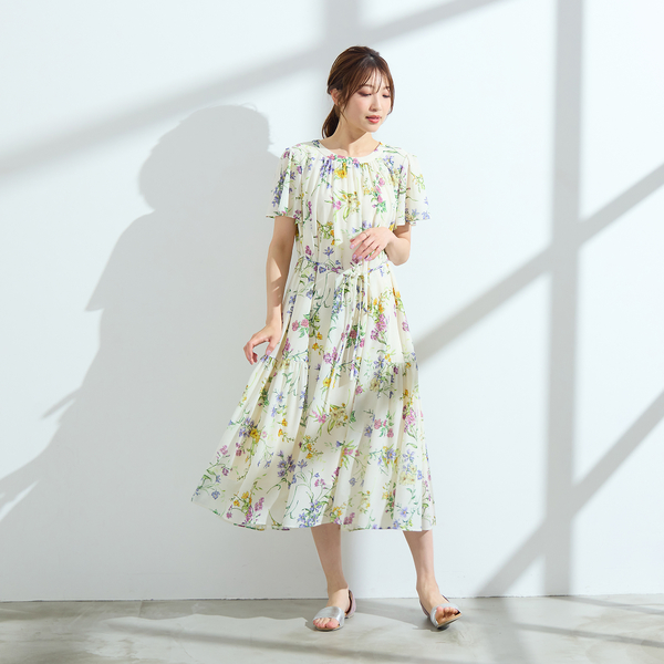 フリルカラー ボタニカル柄 ワンピース 半袖 ドレス 共ベルト ♪ フリルカラー ボタニカル柄 ワンピース 半袖 ドレス 共ベルト