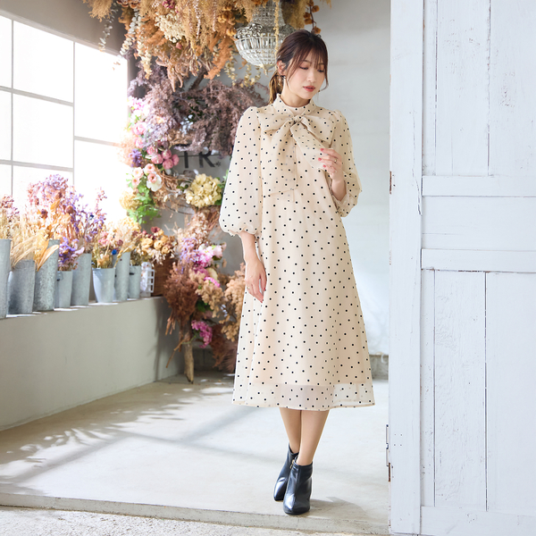 オーガンジーフロッキードットリボンワンピース | レディース