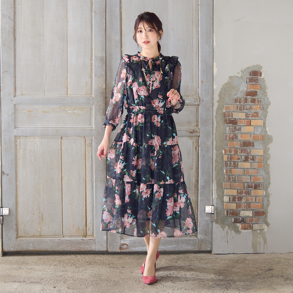 手洗いOK】ボタニカル風フラワーワンピース | レディースファッション