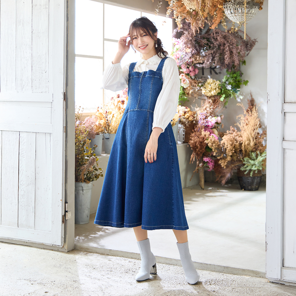 伸縮性◎】フレアデニムジャンパースカート | レディースファッション