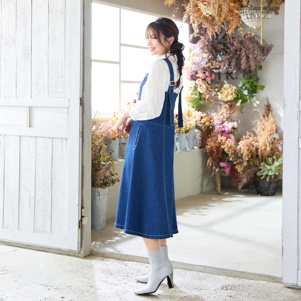 伸縮性◎】フレアデニムジャンパースカート | レディースファッション