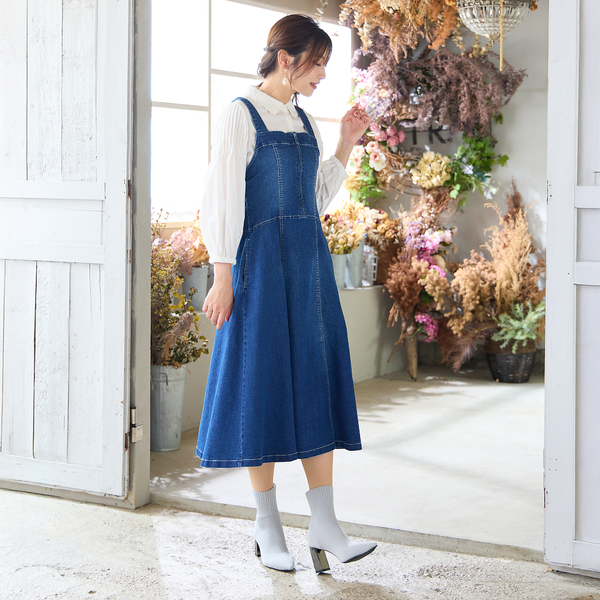 伸縮性◎】フレアデニムジャンパースカート | レディースファッション