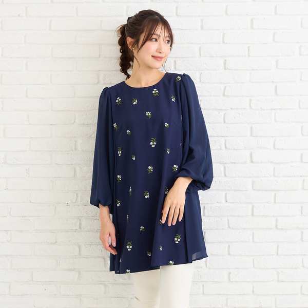 小花刺繍バルーンスリーブチュニック | レディースファッション