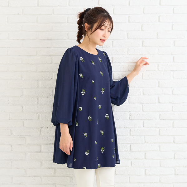 小花刺繍バルーンスリーブチュニック | レディースファッション