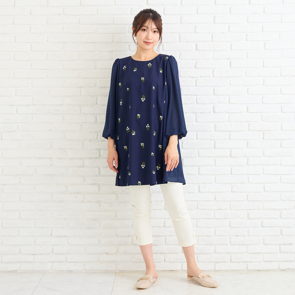 小花刺繍バルーンスリーブチュニック | レディースファッション