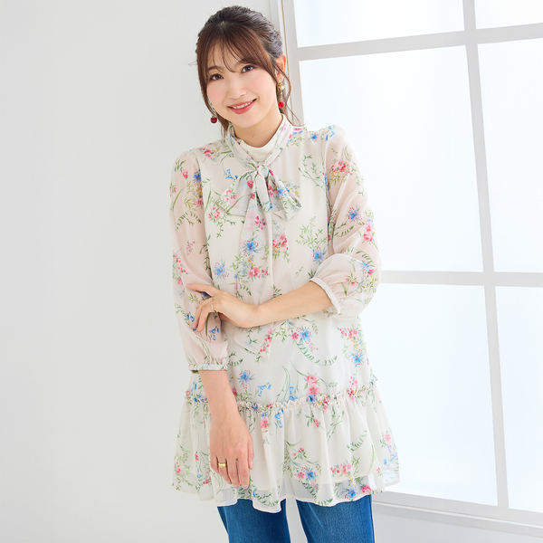 ボタニカルプリントリボンタイチュニック | レディースファッション