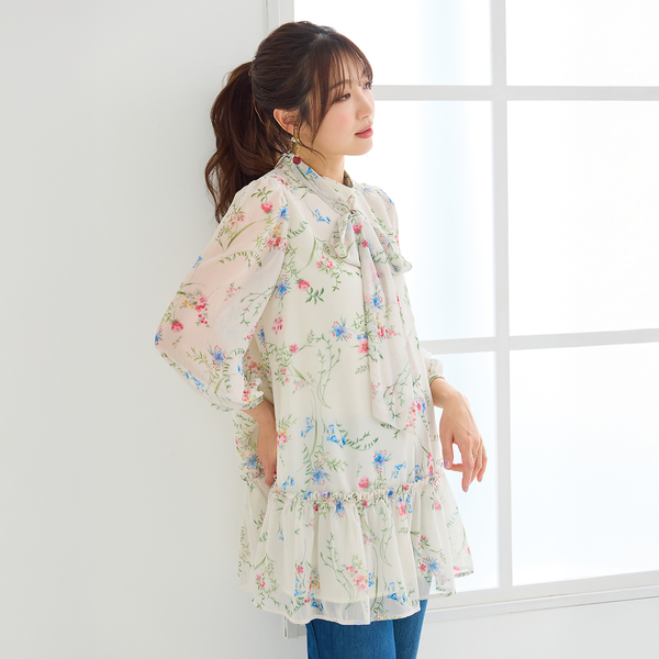ボタニカルプリントリボンタイチュニック | レディースファッション