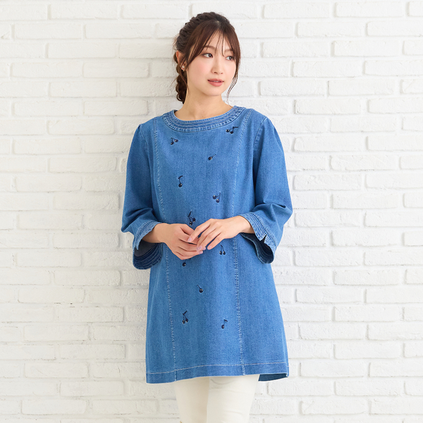 伸縮性◎】サクランボ刺繍デニムチュニック | レディースファッション