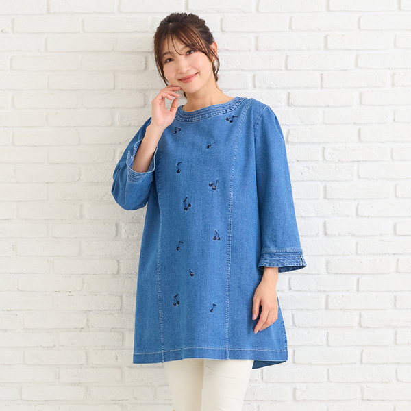 伸縮性◎】サクランボ刺繍デニムチュニック | レディースファッション