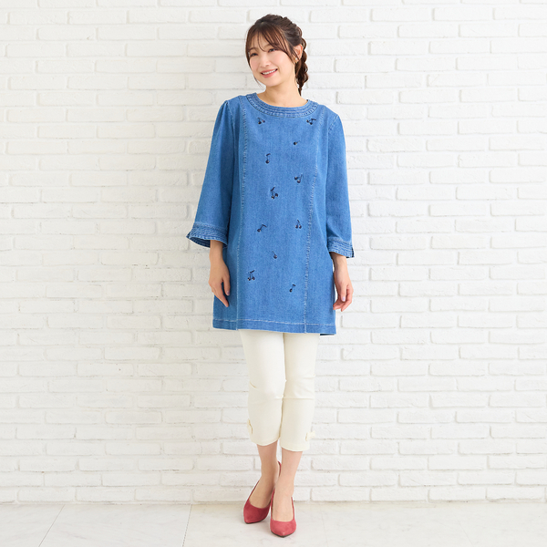 伸縮性◎】サクランボ刺繍デニムチュニック | レディースファッション