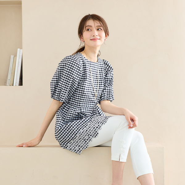 美品✨45R ギンガムチェック　チュニック　ワンピース　コットン100 R刺繍 スカラ刺繍チュニック/ ギンガムチェック | レディースファッション