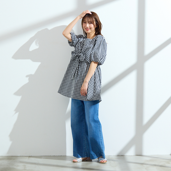 コットン100％/手洗い可】ギンガムチェックリボンブラウス